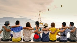 Happy family group exploring together